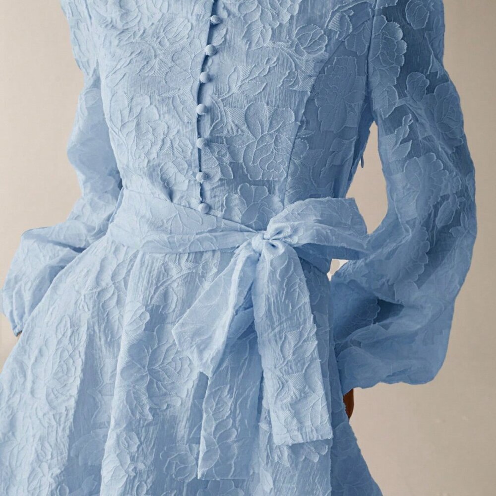 Baby Blue Elegant Women's A-Line Puff Sleeve Short Dress with Stand Collar - Picture 6 of 7